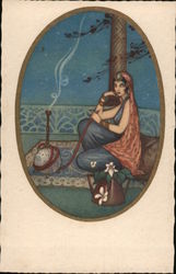 Woman Hookah Tree Flowers Postcard