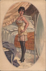 Deco Beautiful woman getting dressed in her bedroom, looks into the mirror Postcard