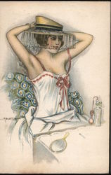 Beautiful lady dressing up, putting on fancy hat Risque & Nude Postcard Postcard Postcard