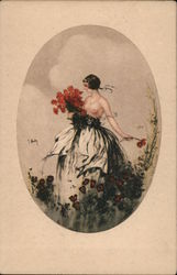 Topless Woman Picking Poppies Postcard