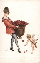 Woman Carrying Inverted Bell Filled with Hearts with Cupid Picking up Fallen Hearts Postcard