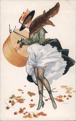 Beautiful woman carrying large hatbox, skirt blown back by the wind Postcard