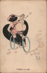 L'Amour En Velo - lady on bicycle, her bottom exposed. Tiny Cupid sits on her, throws hearts. Risque & Nude Postcard Postcard Postcard