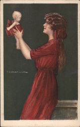 Smiling woman in deep red gown holds baby in red ribbon high in the air Postcard