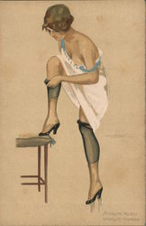 Semi Nude Woman getting dressed, pulling up stocking Artist Signed C. Calderara Postcard Postcard Postcard