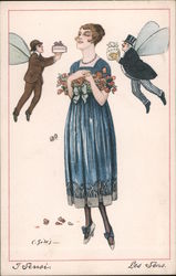 Woman Holding Roses with Little Winged Men Tempting Her with Gifts Comic Postcard Postcard Postcard