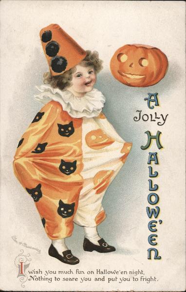 A Jolly Hallowe'en. Child in clown costume. Halloween Postcard