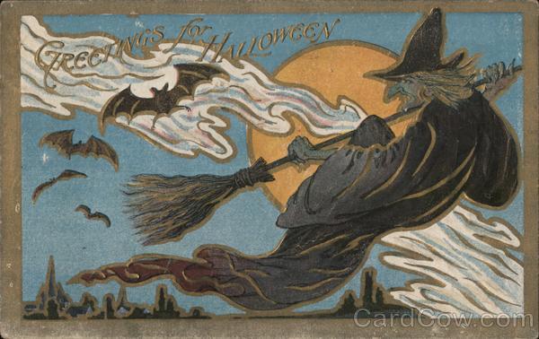 Witch Flies on Broom Near Bats, Greetings for Halloween Postcard