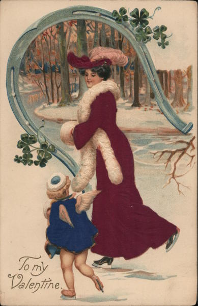 To my Valentine- Woman Ice Skating with Cupid Postcard