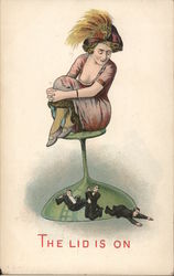 Woman Sitting on Champagne Glass That Has Men Trapped Underneath Superior Women / Tiny Men Postcard Postcard Postcard