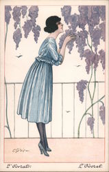 Woman Smelling Wisteria Flowers Artist Signed Postcard Postcard Postcard