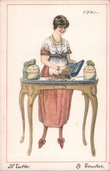 Woman Counting Coins at Desk Postcard