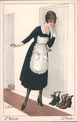 Maid Listening Outside Door With Two Pairs of Shoes Outside It Artist Signed Postcard Postcard Postcard