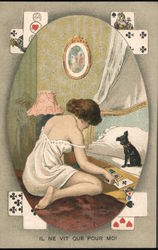 Woman playing cards with dog: "He only lives for me" Postcard