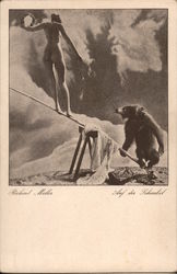 Nude Woman Balancing on Log With Bear "On the See-Saw" Risque & Nude Postcard Postcard Postcard