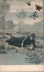 A woman catching butterflies Postcard