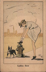 Woman Fixing Shoe on Fire Hydrant While Dog Watches: Ladies' First Postcard