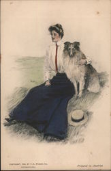 Woman seated on hill with dog Postcard