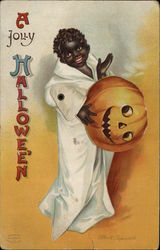 Rare Mechanical Black child in ghost costume, holding orange jack-o-lantern head. Halloween Ellen Clapsaddle Postcard Postcard Postcard