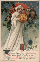 On Hallowe'en Woman in White, Owls Halloween Samuel L. Schmucker Postcard Postcard Postcard