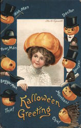 Woman Wearing Pumpkin as Hat: Halloween Greeting Postcard Postcard Postcard