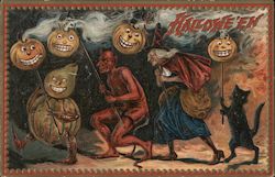 Halloween Characters Carry Pumpkins with Faces Postcard Postcard Postcard