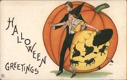 Halloween Greetings-A adult couple dancing in front of a pumpkin Postcard