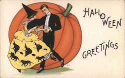 Woman Man Dancing Witches Black Cats Pumpkin Halloween Greetings Postcard Postcard Postcard