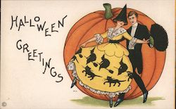 Halloween Greetings. Woman Man Dancing Before Big Pumpkin Witches Cats Postcard