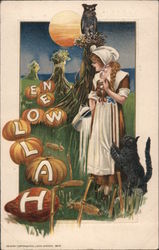 Girl Looking at Pumpkins Spelling Halloween Postcard Postcard Postcard