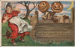 What the boys did to the cow. - Astonished woman at sight of jack-o-lanterns on cow's horns Halloween Postcard Postcard Postcard