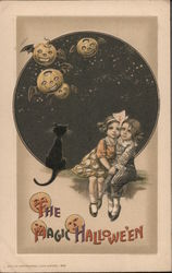 Rare Children Holding Hands Under Pumpkin Bats in Night Sky Halloween Samuel Schmucker Postcard Postcard Postcard