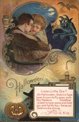 Couple hugging while a black demon looks on. Witch holding a pumpkin Halloween Postcard Postcard Postcard