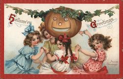 Hallowe'en Greetings - Four Pretty Girls Dancing Around a Jack-O-Lantern Halloween Postcard Postcard Postcard