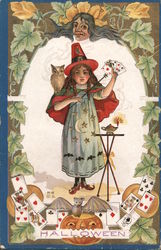 Girl Witch Costume Cards Owl Bat Jack O Lantern Hallowe'en Halloween Postcard Postcard Postcard