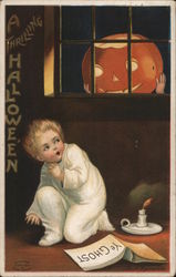 Child Scared of Jack O'Lantern in Window Postcard