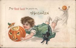 May Good Luck be yours on Halloween. Child with jack-o-lantern, black kitten, and ghost. Postcard Postcard Postcard