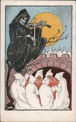 Grim Reaper Playing a Fiddle Above a Circle of Wizards Halloween Postcard Postcard Postcard