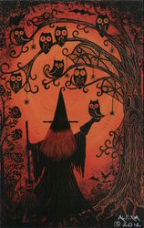 Witch Next to Tree and Owls, Halloween Owls 1 Postcard Postcard Postcard