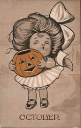 Girl holding a jack-o-lantern "October" Postcard