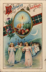 Hallowe'en Greetings. Candle Fruit Girl Angels With Star Wands Halloween Postcard Postcard Postcard