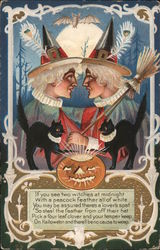 Two Witches and Two Black Cats Halloween Postcard Postcard Postcard