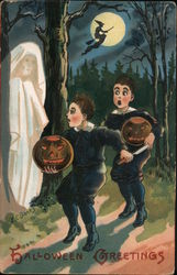 Two Boy's Scared by Ghost: Halloween Greetings Postcard