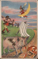 Man yelling at pig that's eating a pumpkin while witch sits on crescent moon with broomstick Halloween Postcard Postcard Postcard