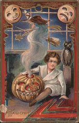 Witch On Broom Star Jack O Lantern Girl Owl Halloween Postcard