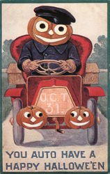 Jack O'Lantern Man Driving Car Halloween Postcard