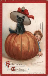 Hallowe'en Greetings - Black kitten sitting on pumpkin with child peeking out from behind. Halloween Postcard Postcard Postcard