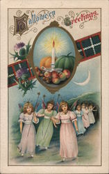 Halloween Greetings. Candle Fruit Girl Angels With Star Crowns Wands Postcard