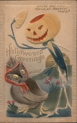 Halloween Greetings-A jack-o-latern talking to an owl Postcard Postcard Postcard