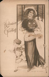 Woman Holds Jack-o-Lantern with Child, Halloween Greeting Postcard